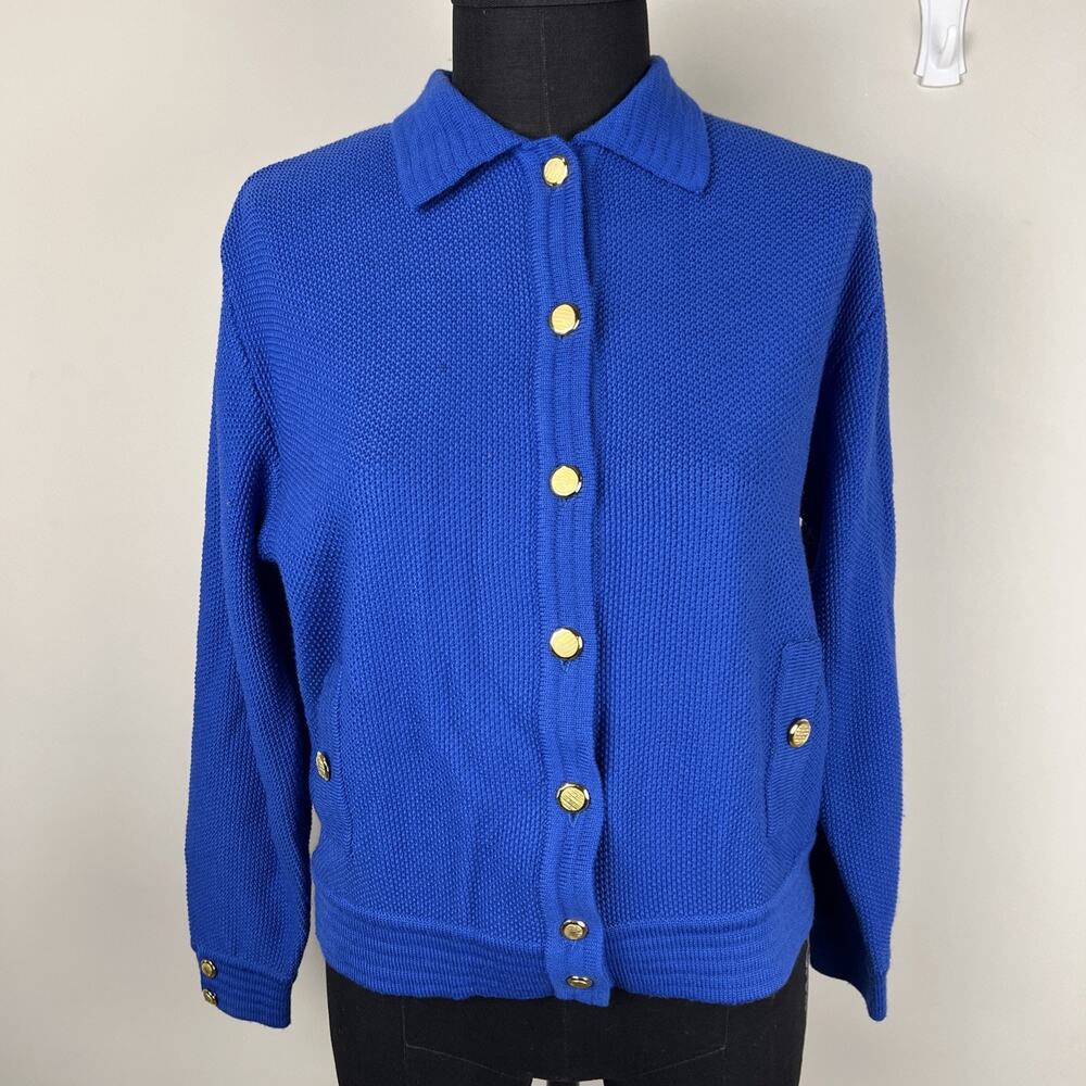 Ancora By‎ Ciao Ltd Blue Knit Bomber Style Cardigan Gold Buttons Medium
